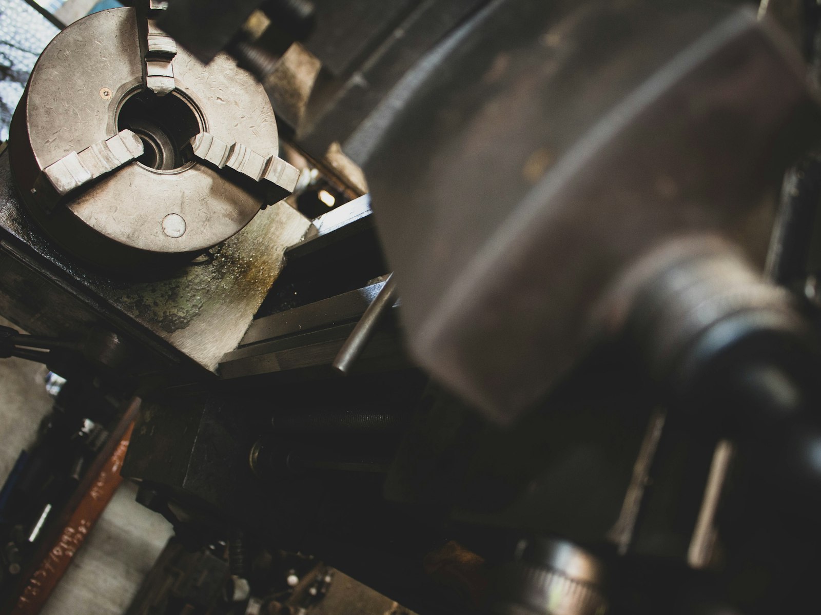 A workpiece turning in the chuck of a lathe